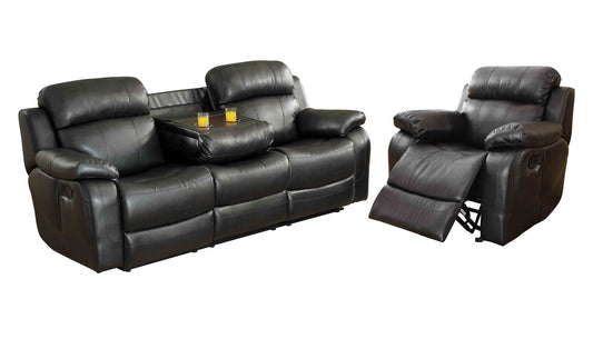 Homelegance Marille2PC Set Double Reclining Sofa with Drop-Down Cup Holders & Glider Recliner Chair in Leather - Black