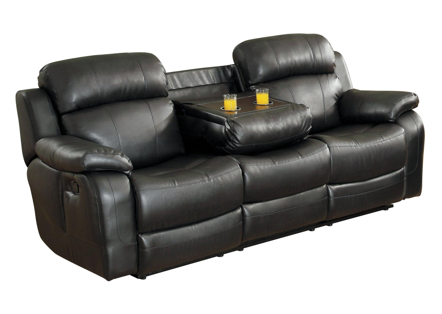 Homelegance Marille3PC Set Double Reclining Sofa, Love Seat with Console & Glider Recliner Chair in Leather - Black