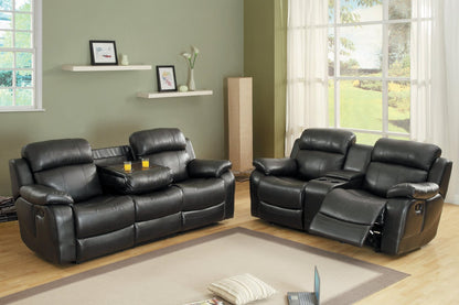 Homelegance Marille3PC Set Double Reclining Sofa, Love Seat with Console & Glider Recliner Chair in Leather - Black