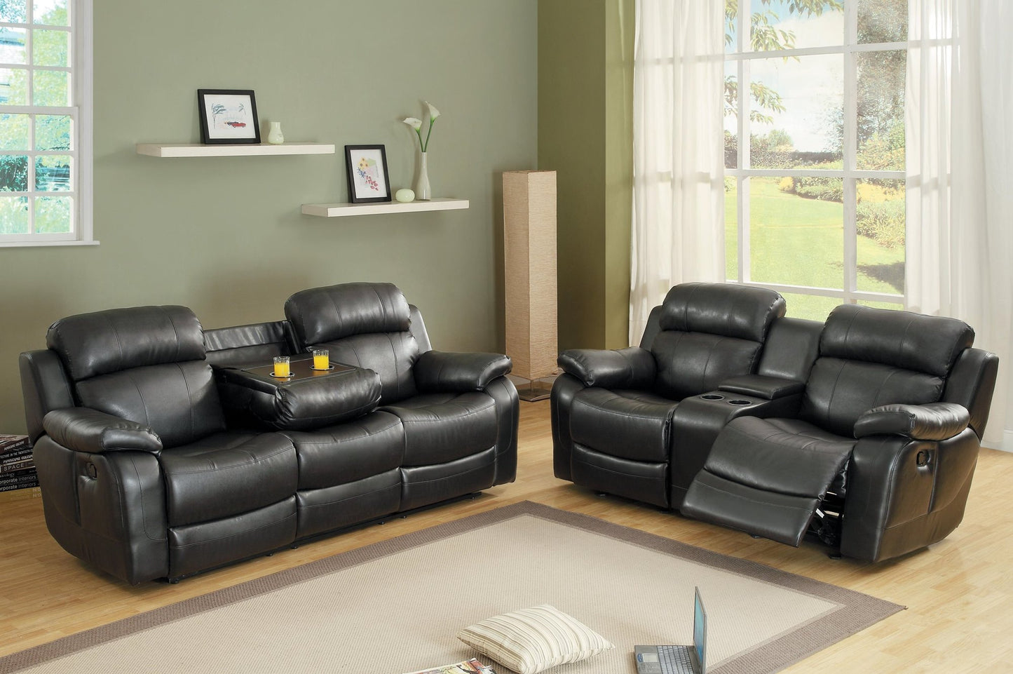 Homelegance Marille2PC Set Double Glider Reclining Love Seat with Console & Glider Recliner Chair in Leather - Black