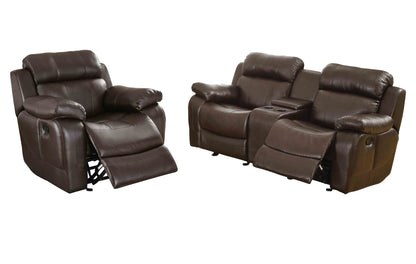 Homelegance Marille2PC Set Double Glider Reclining Love Seat with Console & Glider Recliner Chair in Leather - Dark Brown