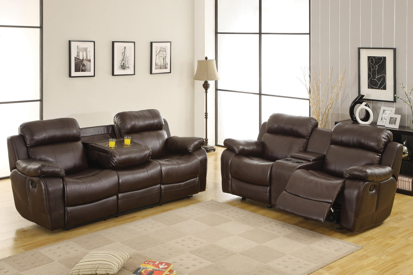 Homelegance MarilleDouble Reclining Sofa with Drop-Down Cup Holders in Leather - Dark Brown
