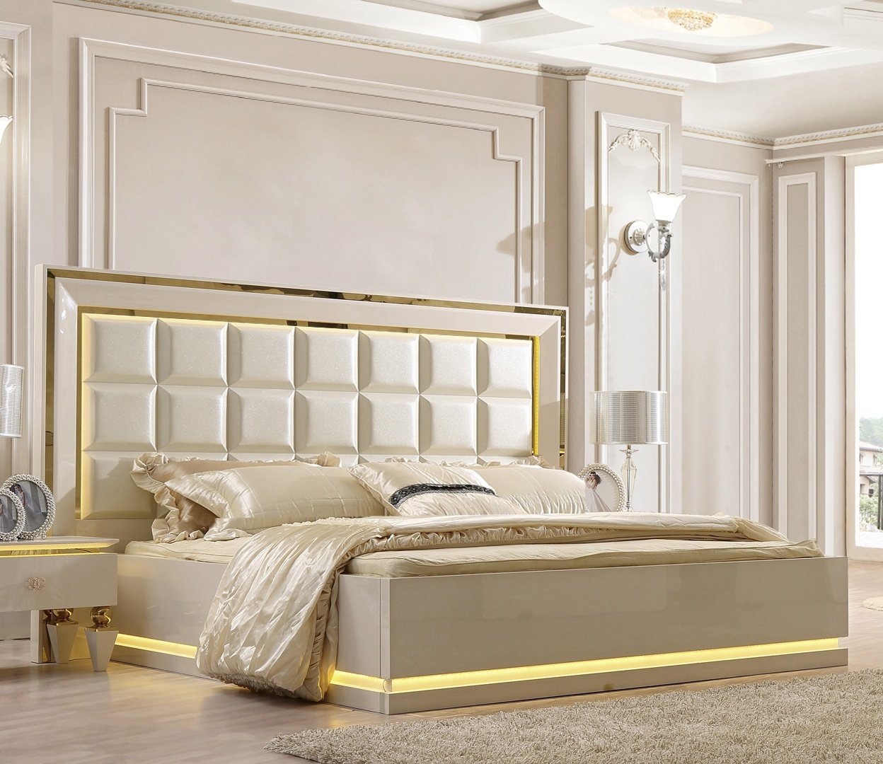 Leather Eastern King Bed in White Gloss Finish EK9935 European Traditional Victorian