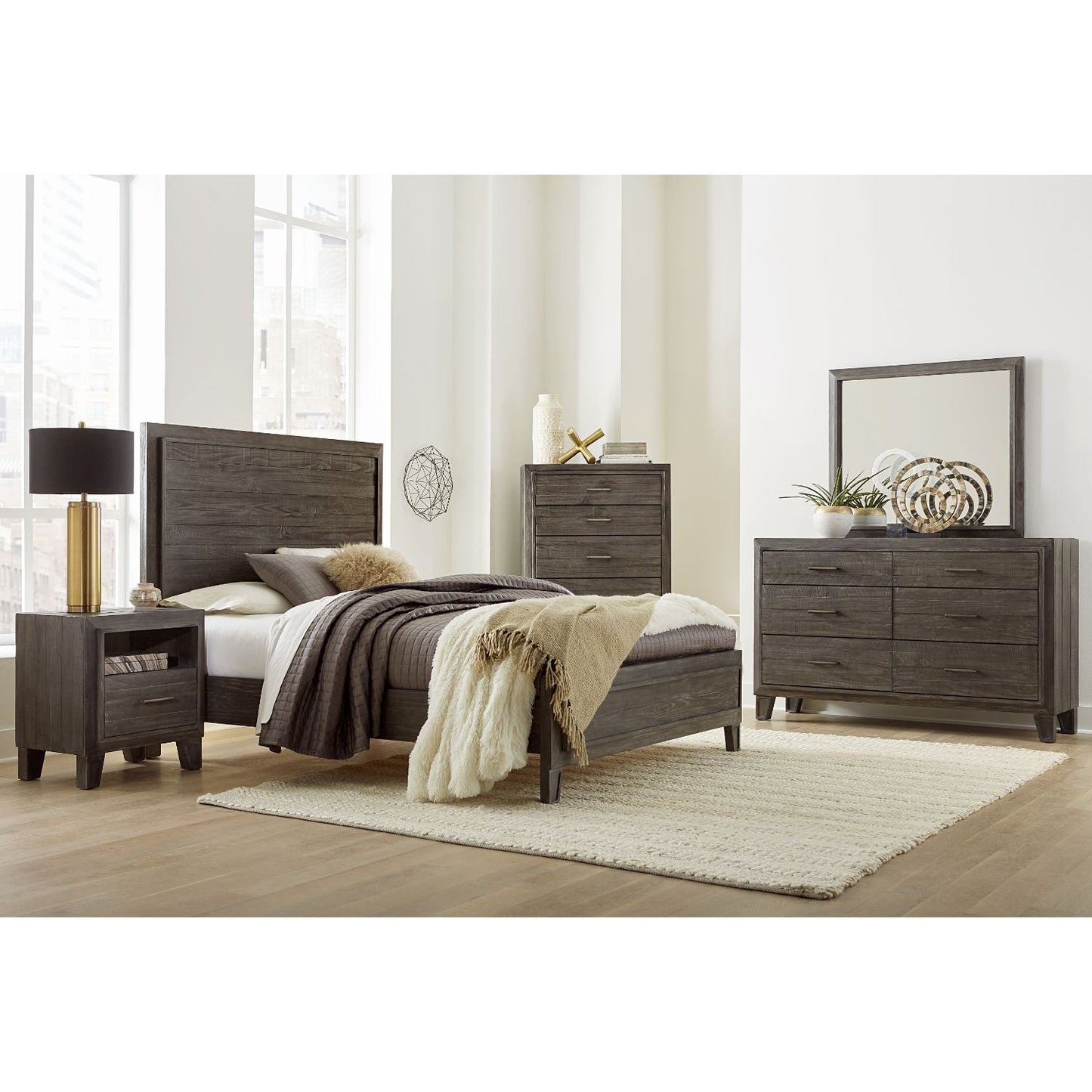 Modus Hadley 5PC Full Panel Bedroom Set w 2 Nightstand in Onyx