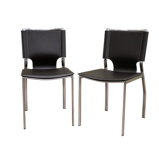 Modern 2 Stainless Steel Dining Chairs in Brown Faux Leather Seat