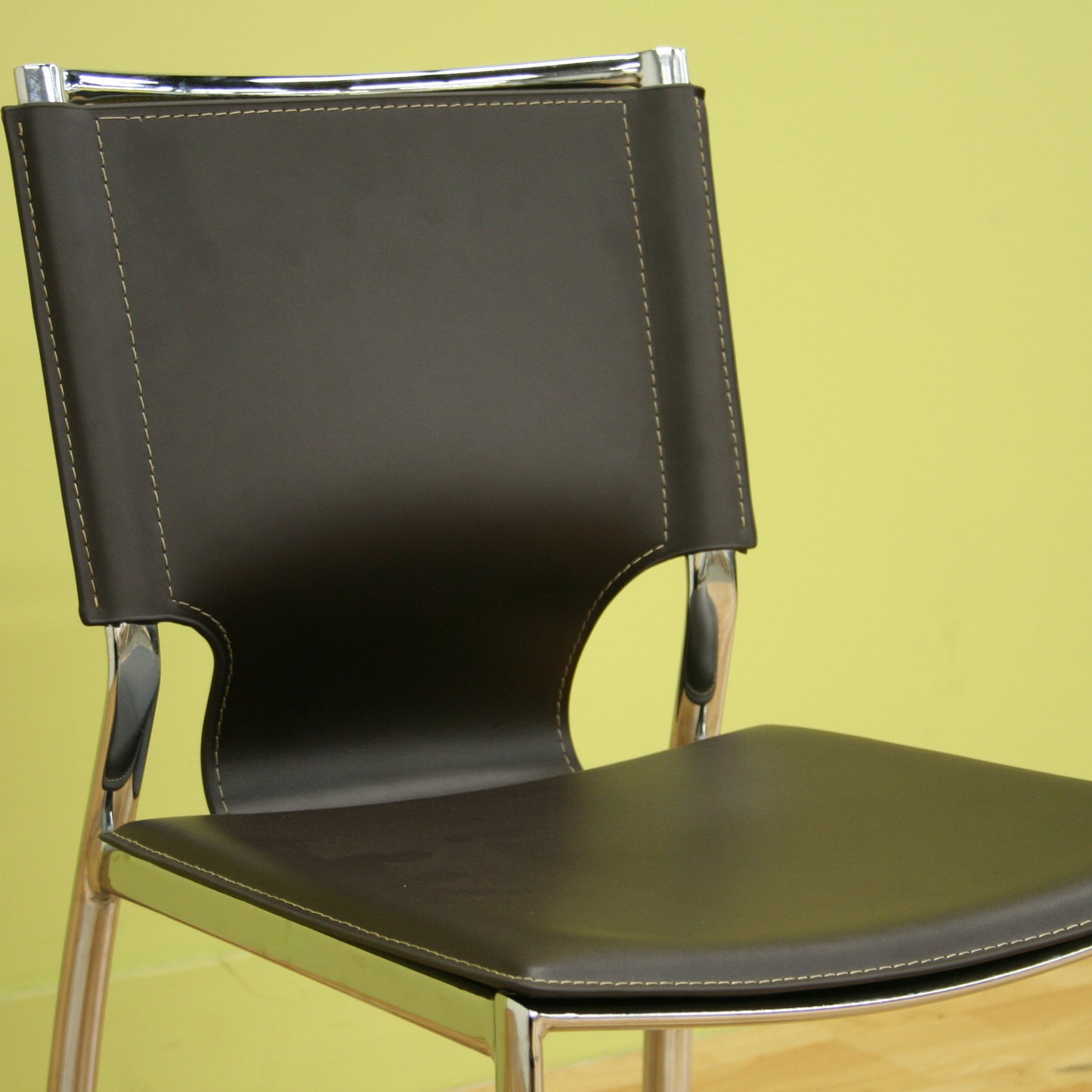 Modern 2 Stainless Steel Dining Chairs in Brown Faux Leather Seat