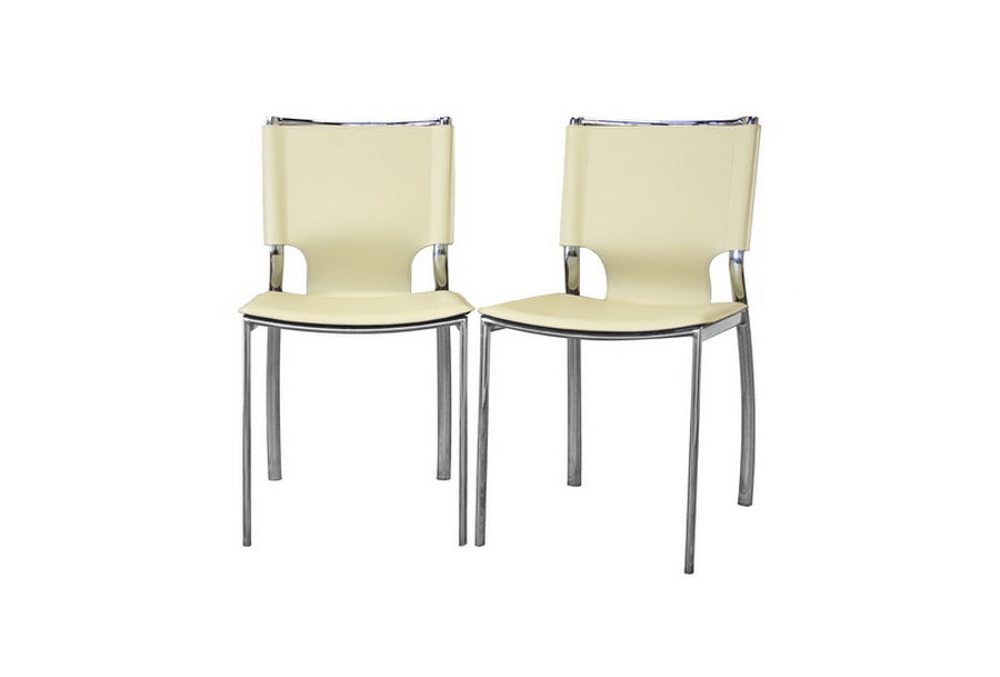 Modern 2 Stainless Steel Dining Chairs in Ivory Faux Leather Seat