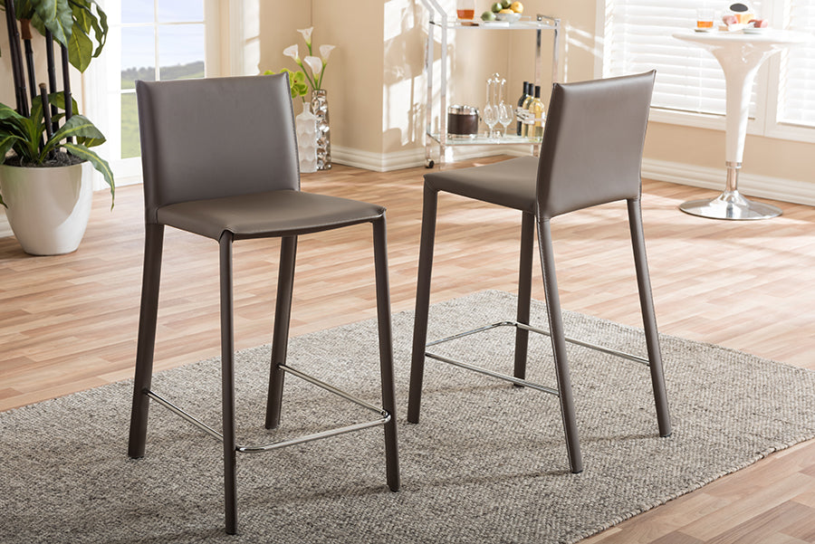 Modern 2 Upholstered Counter Height Stools in Taupe Bonded Leather & Stainless Steel