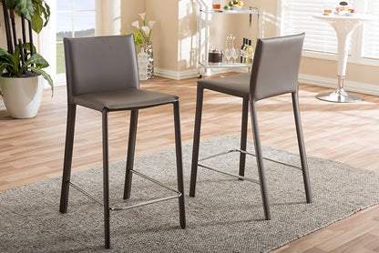 Modern 2 Upholstered Counter Height Stools in Taupe Bonded Leather & Stainless Steel