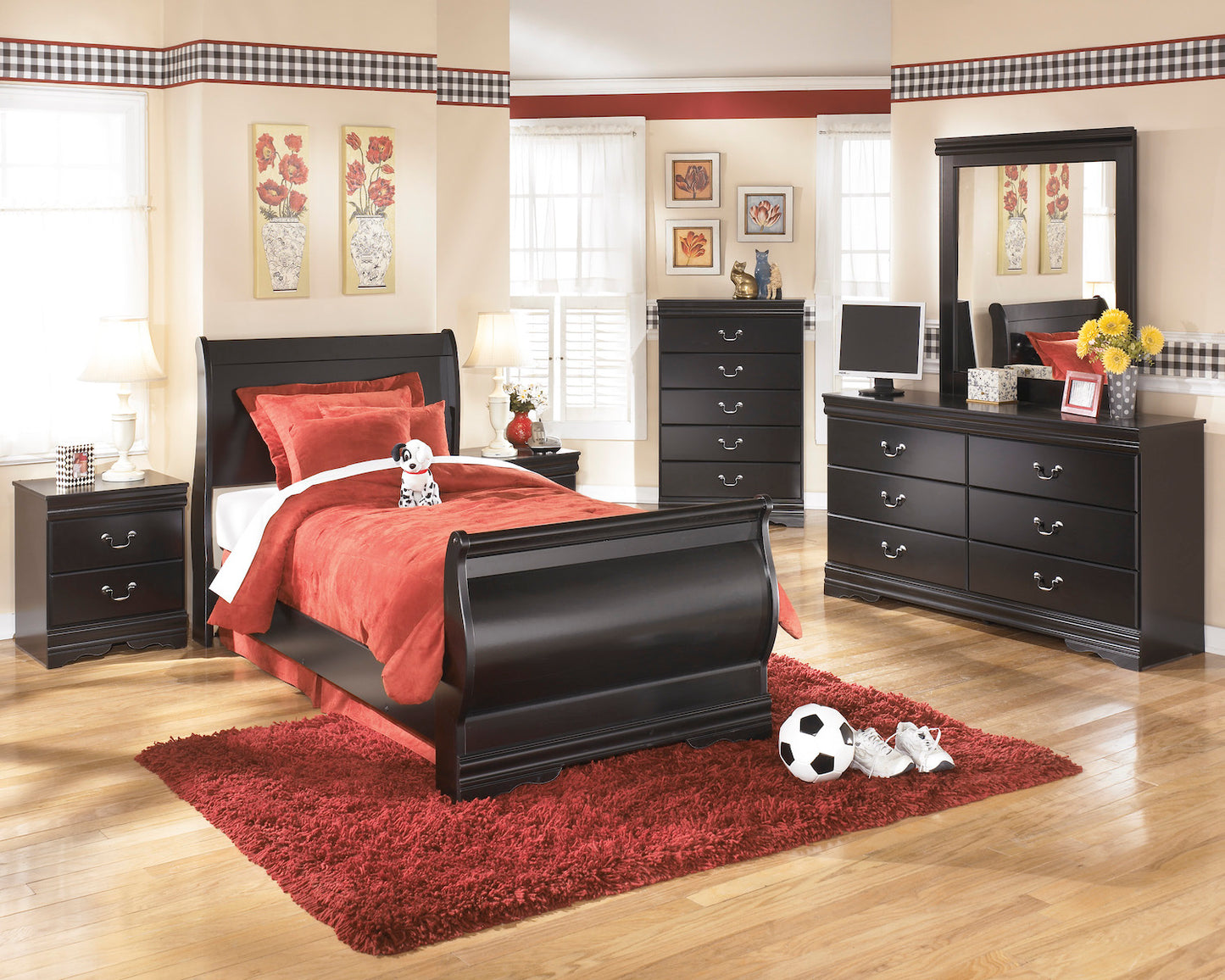 Ashley Huey Vineyard 5PC Twin Sleigh Bedroom Set with Chest In Black - The Furniture Space.