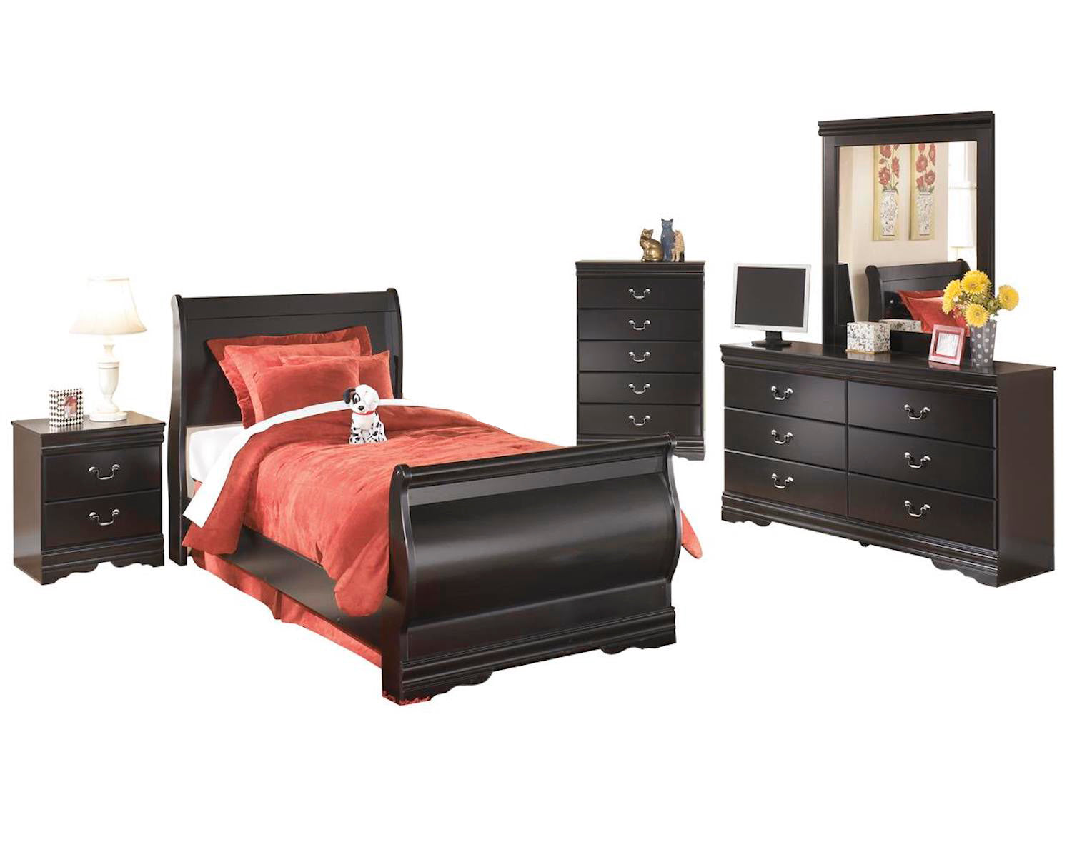 Ashley Huey Vineyard 5PC Twin Sleigh Bedroom Set with Chest In Black