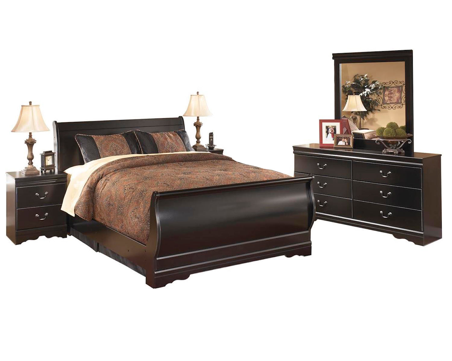 Ashley Huey Vineyard 5PC E King Sleigh Bedroom Set with two Nightstands In Black