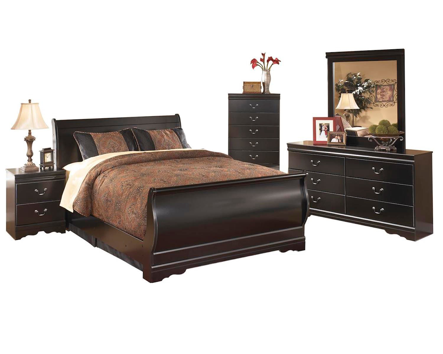 Ashley Huey Vineyard 5PC E King Sleigh Bedroom Set With Chest In Black