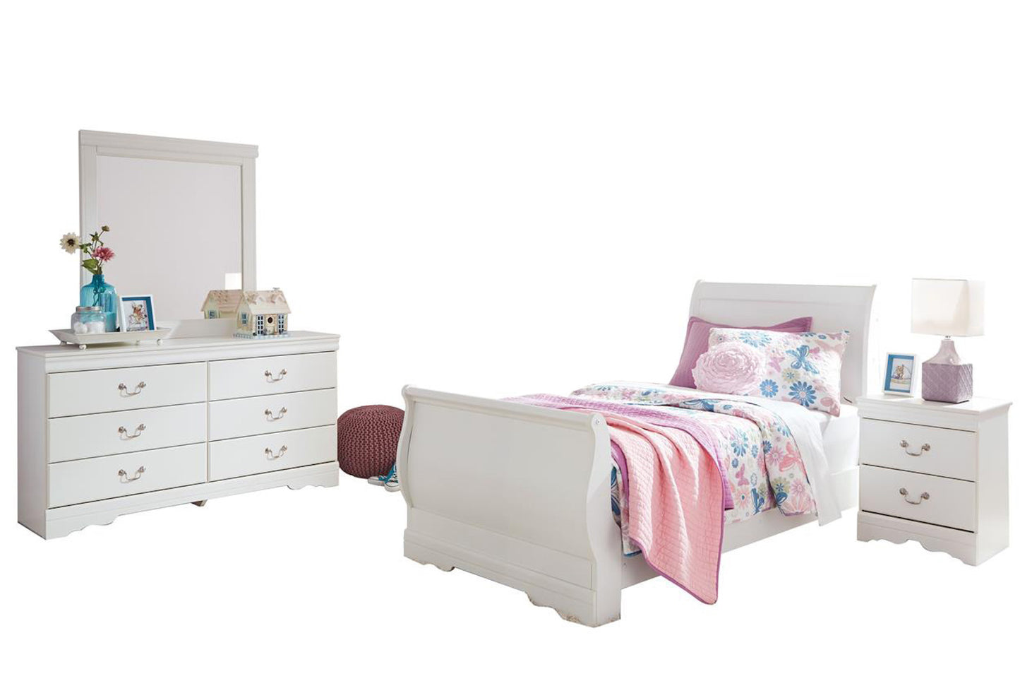 Ashley Anarasia 4PC Twin Sleigh Bedroom Set In White - The Furniture Space.