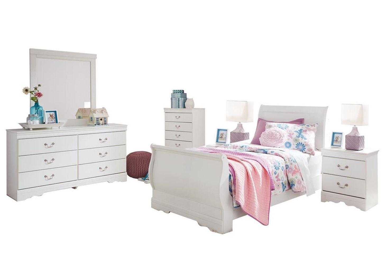 Ashley Anarasia 6PC Full Sleigh Bedroom Set With 2 Nightstand & Chest In White