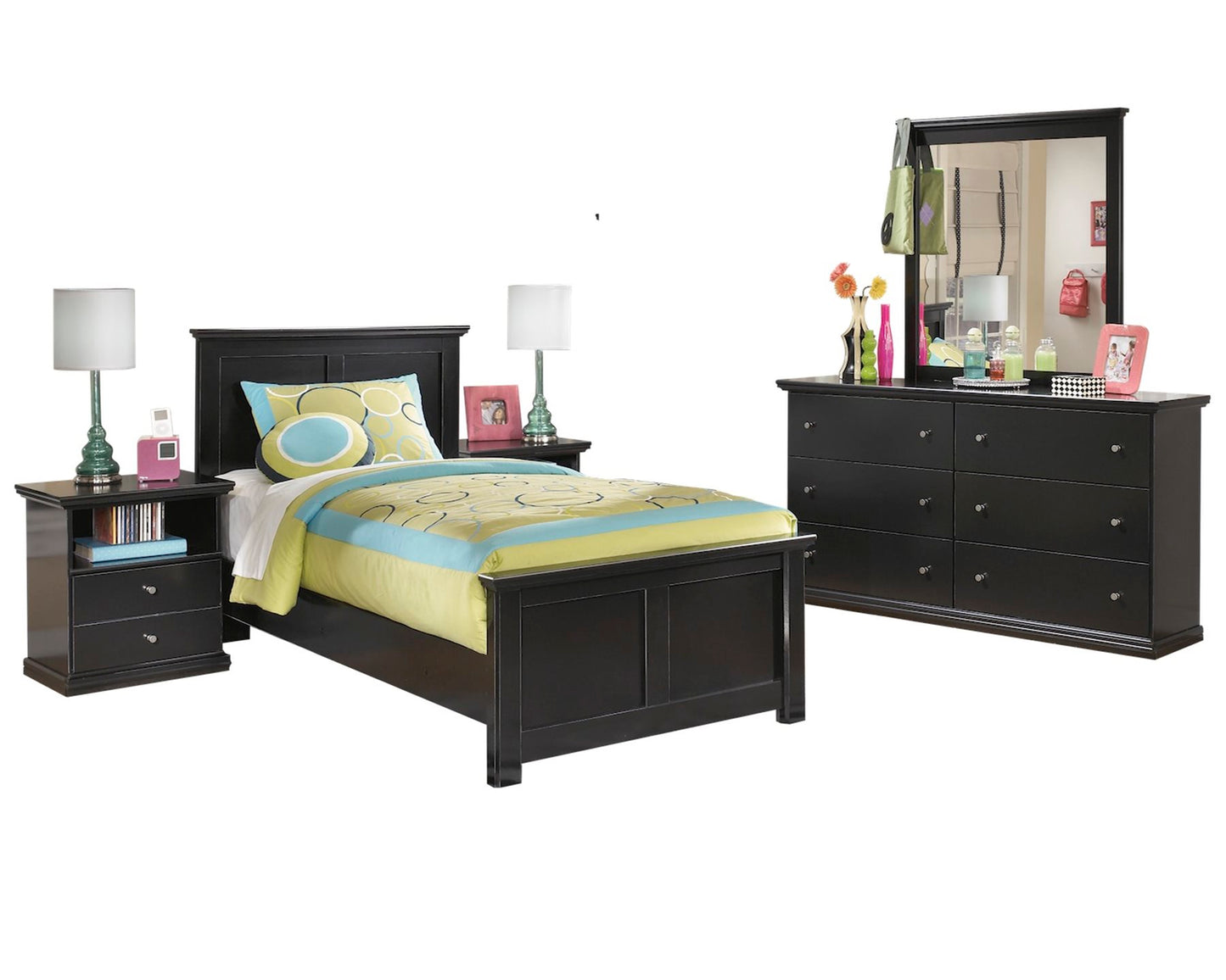 Ashley Maribel 5 PC Twin Panel Bedroom Set with two Nightstands in Black - The Furniture Space.