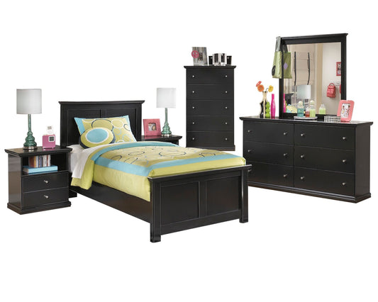 Ashley Maribel 6 PC Twin Panel Bedroom Set with Two Nightstand & Chest in Black - The Furniture Space.