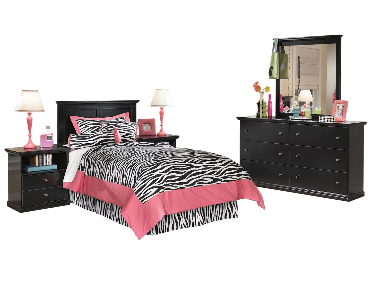 Ashley Maribel 6 PC Twin Panel Headboard Bedroom Set with Two Nightstand & Chest in Black - The Furniture Space.