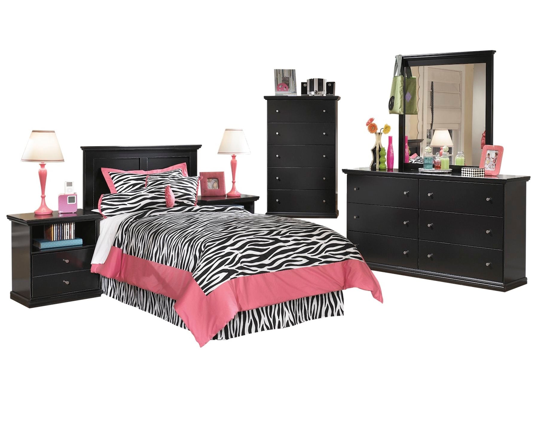 Ashley Maribel 5 PC Twin Panel Headboard Bedroom Set with Chest in Black - The Furniture Space.