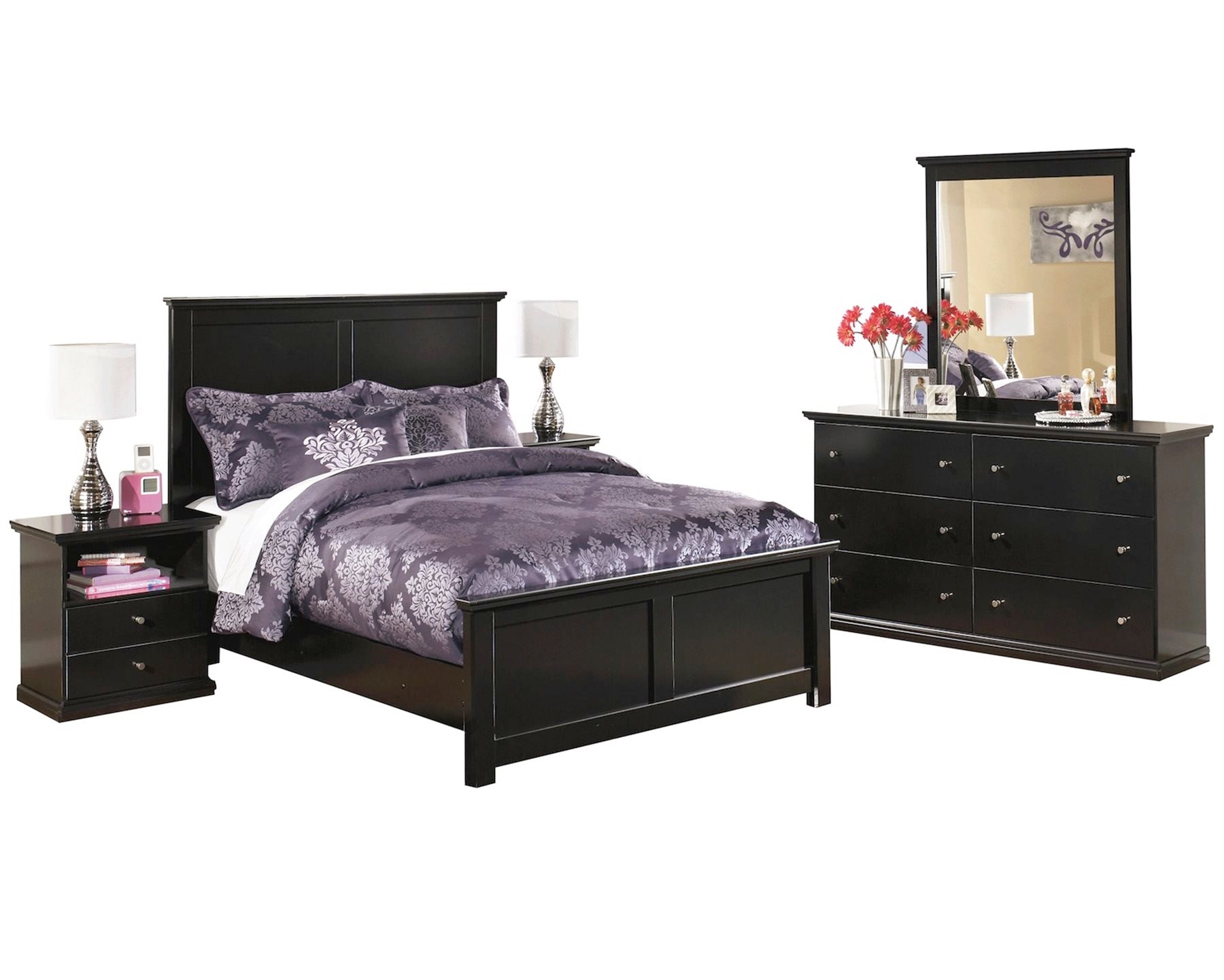 Ashley Maribel 5 PC Full Panel Bedroom Set with two Nightstands in Black - The Furniture Space.