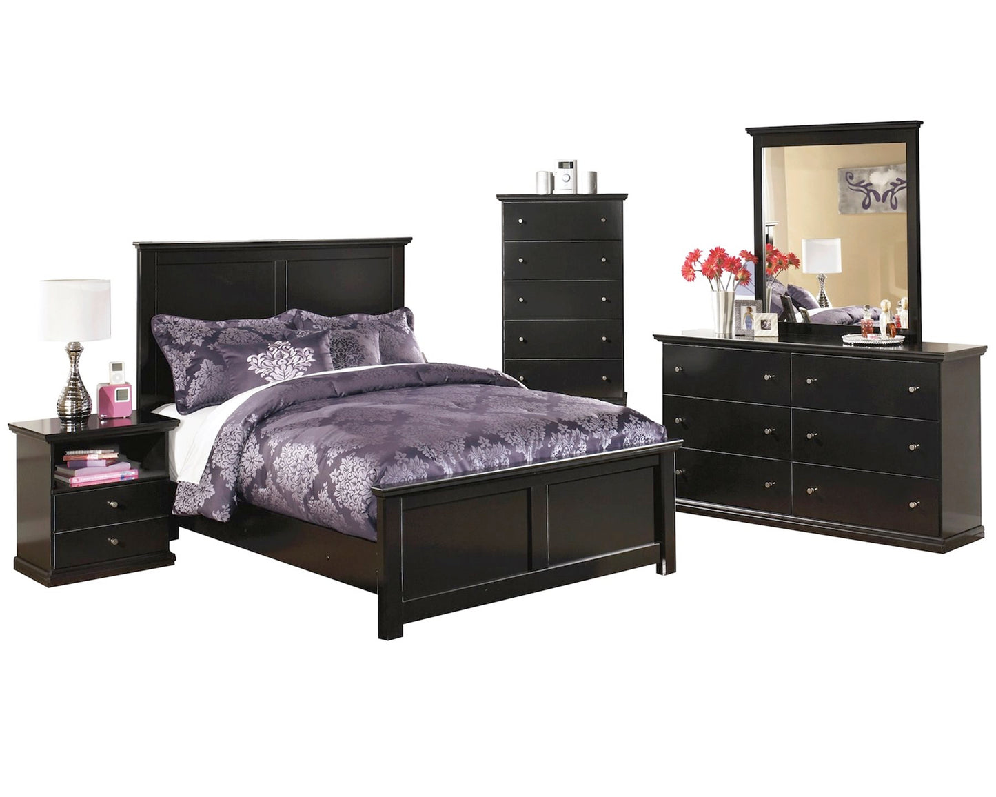Ashley Maribel 5 PC Queen Panel Bedroom Set with Chest in Black - The Furniture Space.