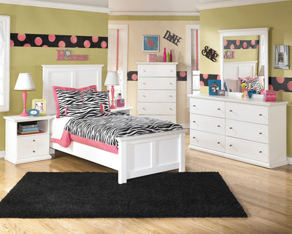 Ashley Bostwick Shoals 6 PC Twin Panel Bedroom Set with Two Nightstand & Chest in White - The Furniture Space.
