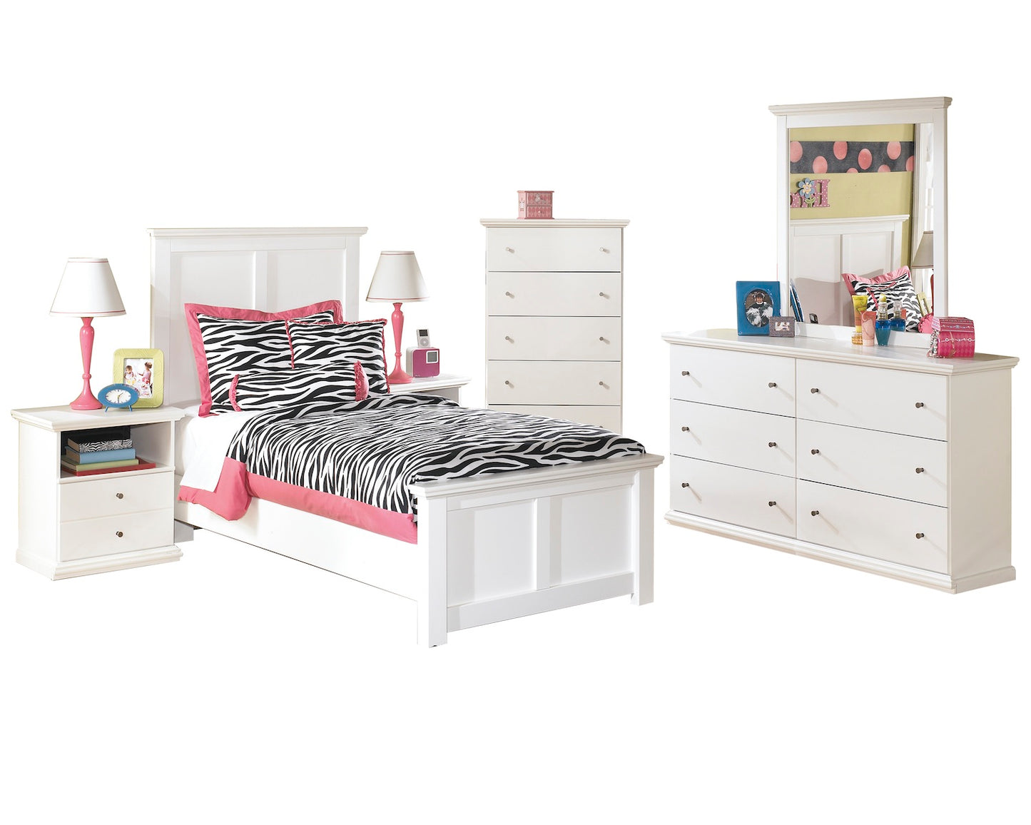 Ashley Bostwick Shoals 5 PC Full Panel Bedroom Set with Chest in White - The Furniture Space.