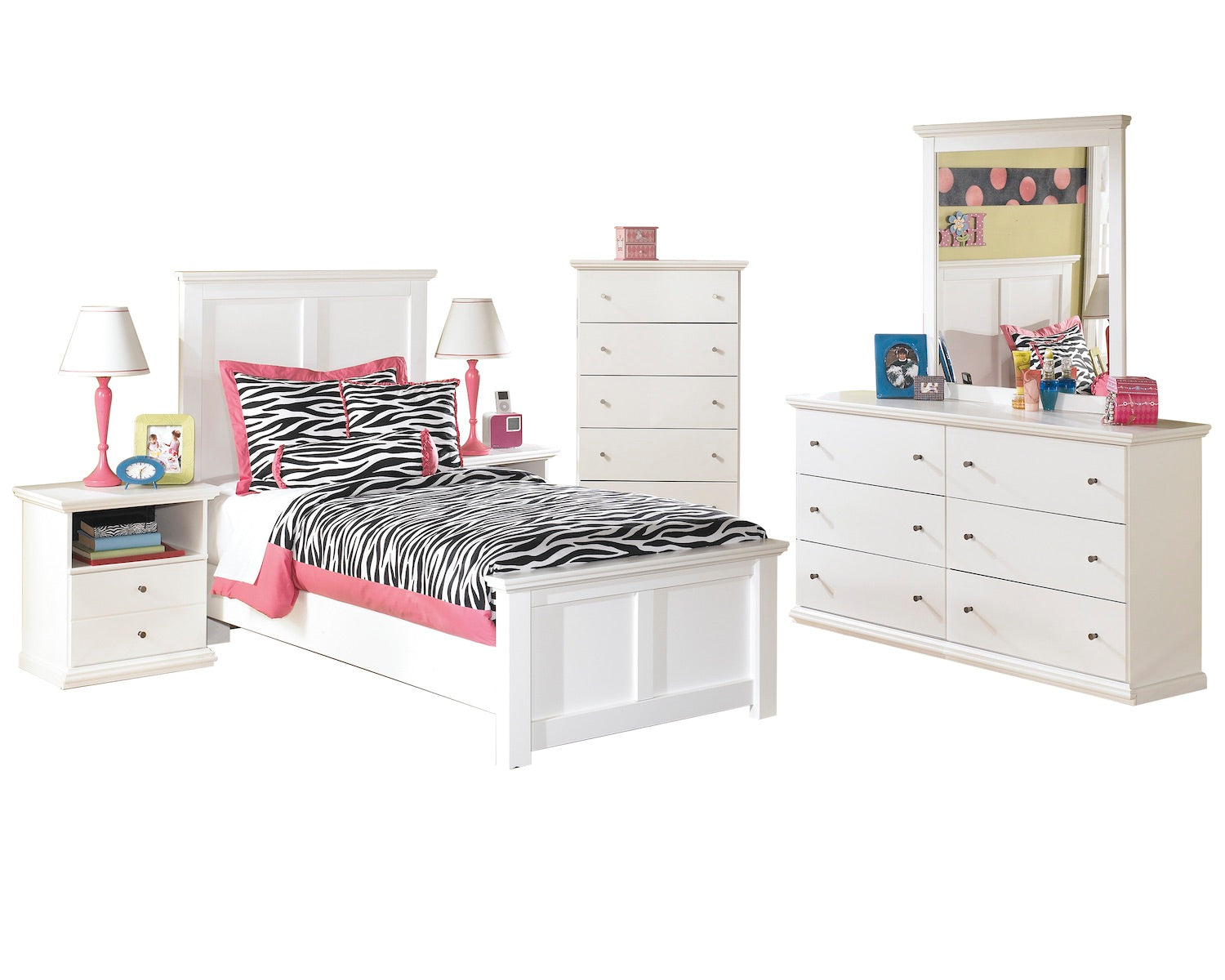 Ashley Bostwick Shoals 6 PC Full Panel Bedroom Set with Two Nightstand & Chest in White - The Furniture Space.