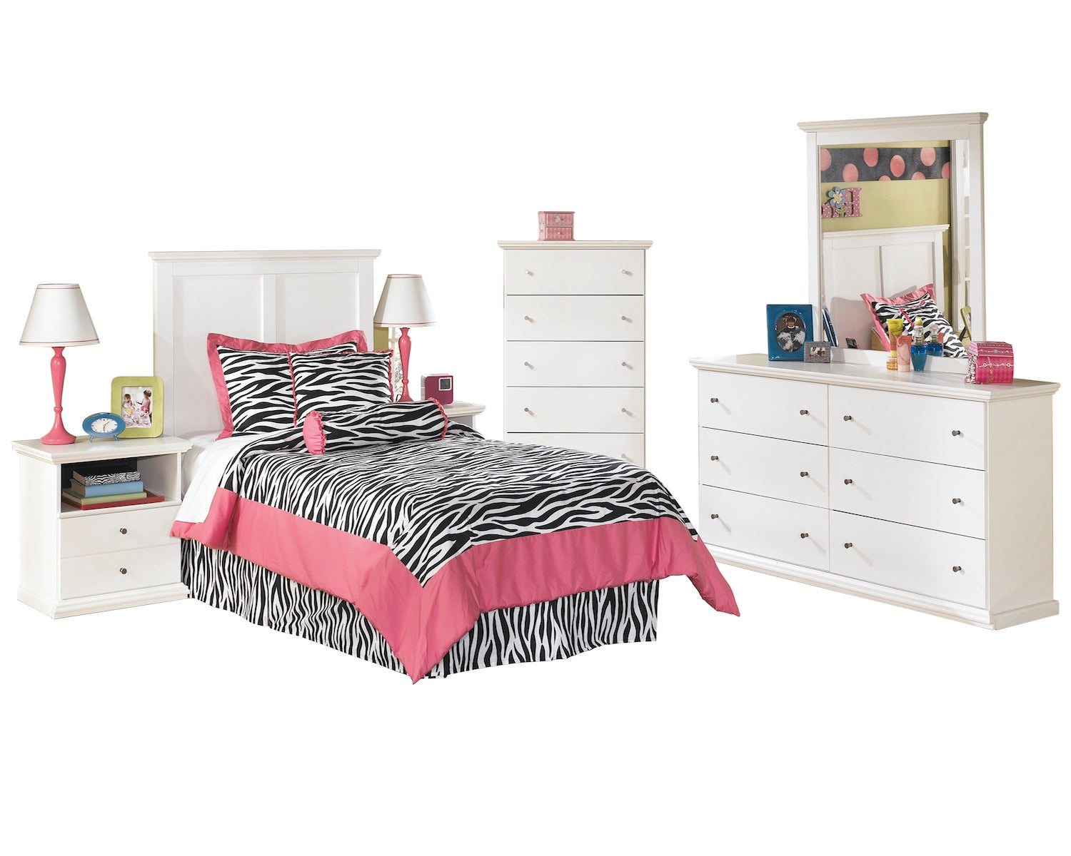 Ashley Bostwick Shoals 6 PC Full Panel Headboard Bedroom Set with Two Nightstands & Chest in White - The Furniture Space.