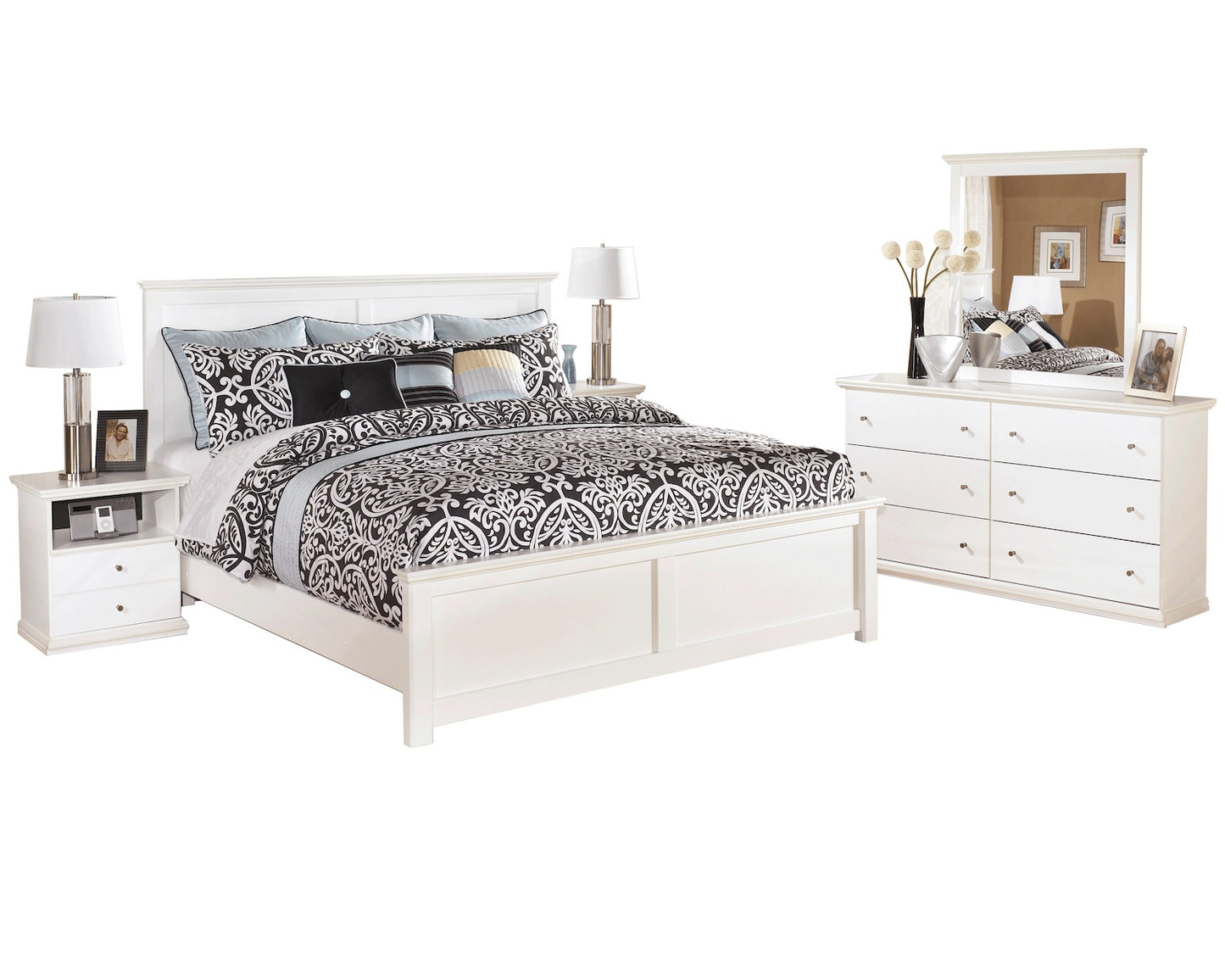 Ashley Bostwick Shoals 5 PC Queen Panel Bedroom Set with two Nightstands in White - The Furniture Space.
