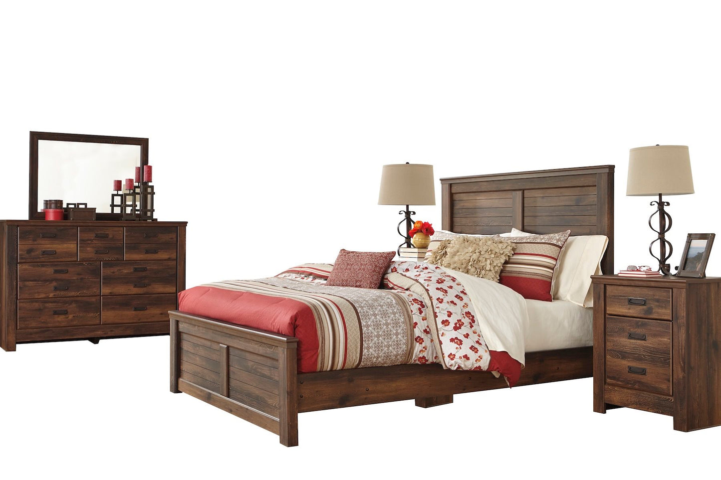 Ashley Quinden 6PC E King Panel Bedroom Set with 2 Nightstand & Chest in Dark Brown