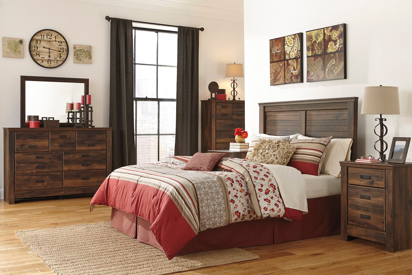 Ashley Quinden 6PC E King Panel Headboard Bedroom Set with 2 Nightstand and Chest in Dark Brown