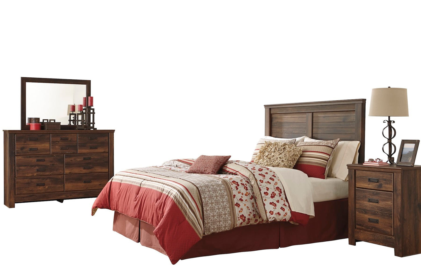 Ashley Quinden 4PC E King Panel Headboard Bedroom Set in Dark Brown