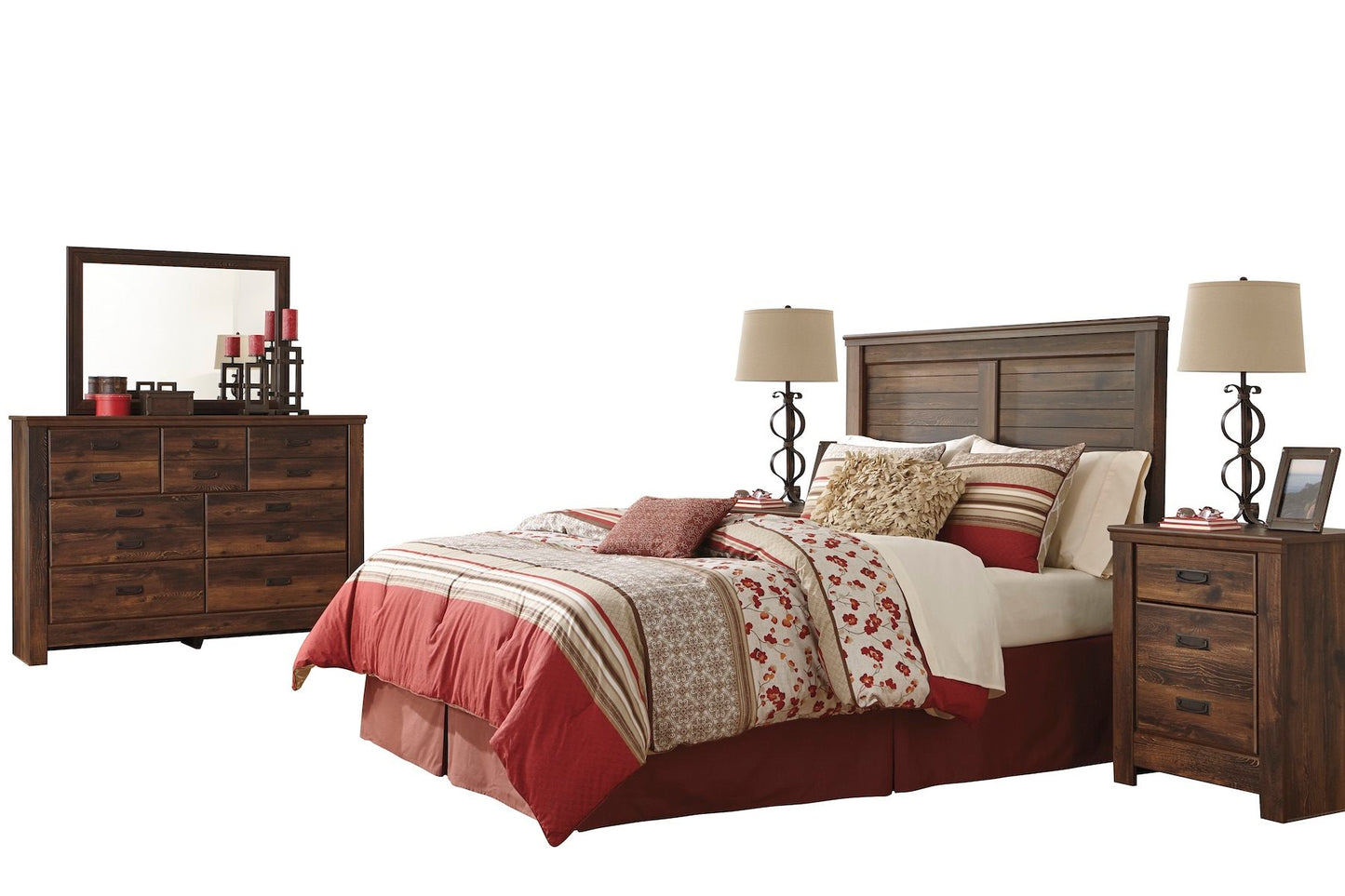 Ashley Quinden 5PC E King Panel Headboard Bedroom Set with Two Nightstand in Dark Brown