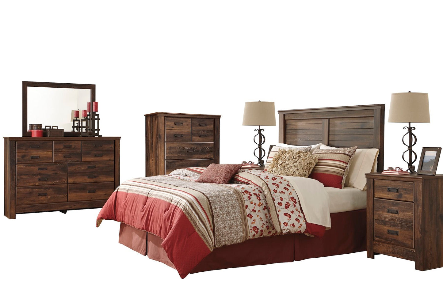 Ashley Quinden 6PC E King Panel Headboard Bedroom Set with 2 Nightstand and Chest in Dark Brown