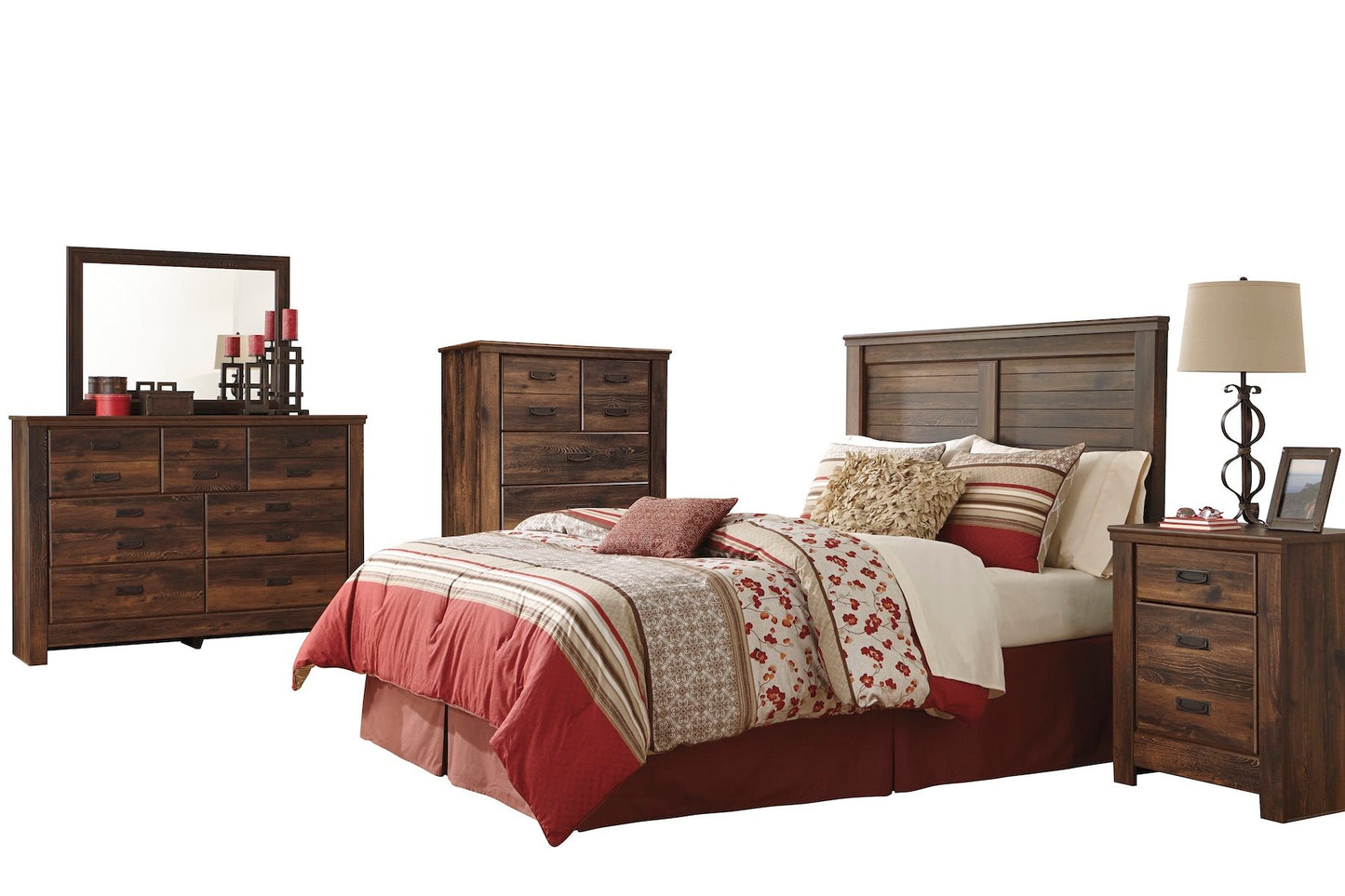 Ashley Quinden 5PC E King Panel Headboard Bedroom Set with Chest in Dark Brown