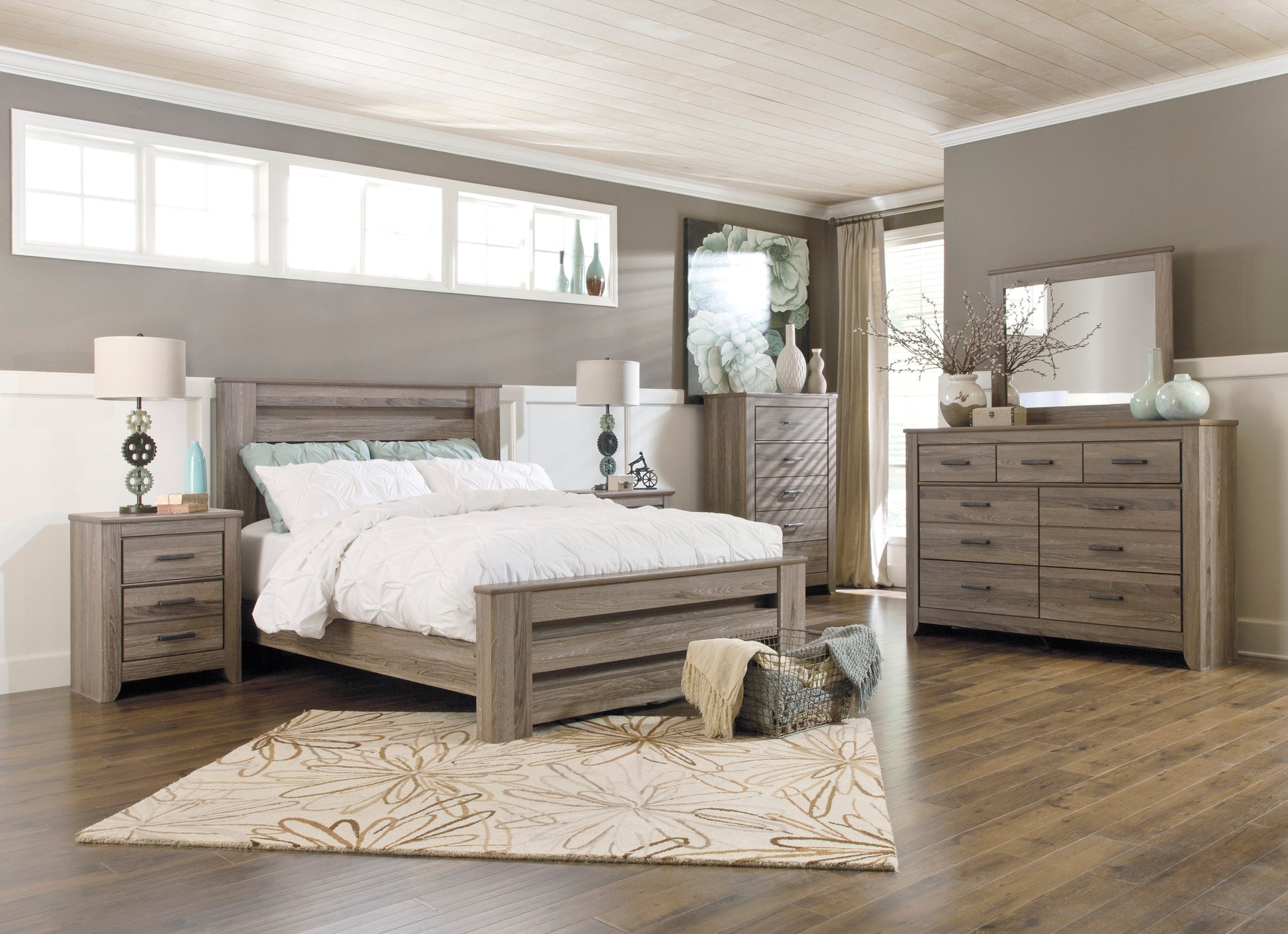 Ashley Zelen 5PC E King Panel Bedroom Set With Two Nightstand In Warm Gray