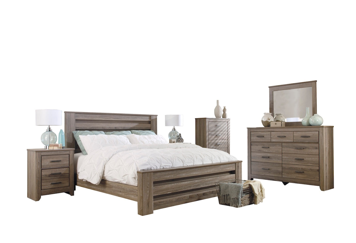 Ashley Zelen 6PC E King Panel Bedroom Set With Two Nightstand & Chest In Warm Gray