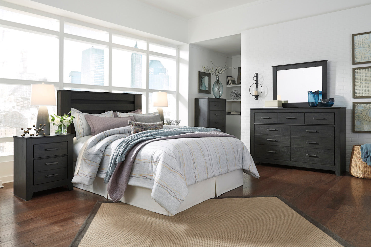 Ashley Brinxton 5PC Queen Full Poster Headboard Bedroom Set With Two Nightstand In Black