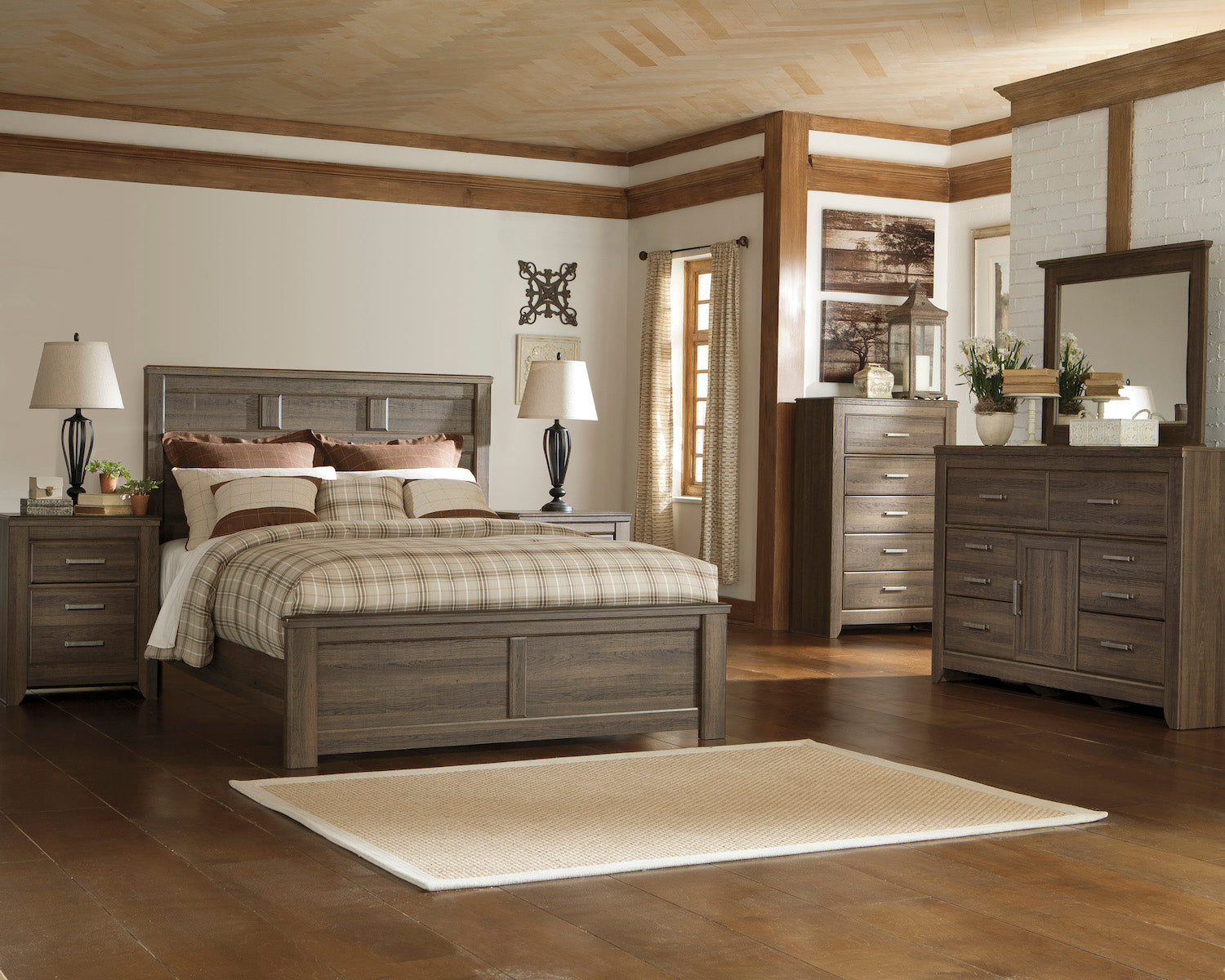 Ashley Juararo 6PC E King Panel Bedroom Set With Two Nightstand & Chest In Dark Brown