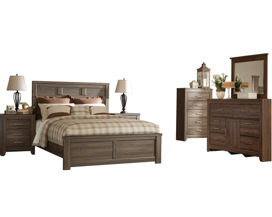 Ashley Juararo 6PC E King Panel Bedroom Set With Two Nightstand & Chest In Dark Brown