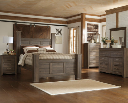 Ashley Juararo 5PC E King Poster Bedroom Set With Chest In Dark Brown