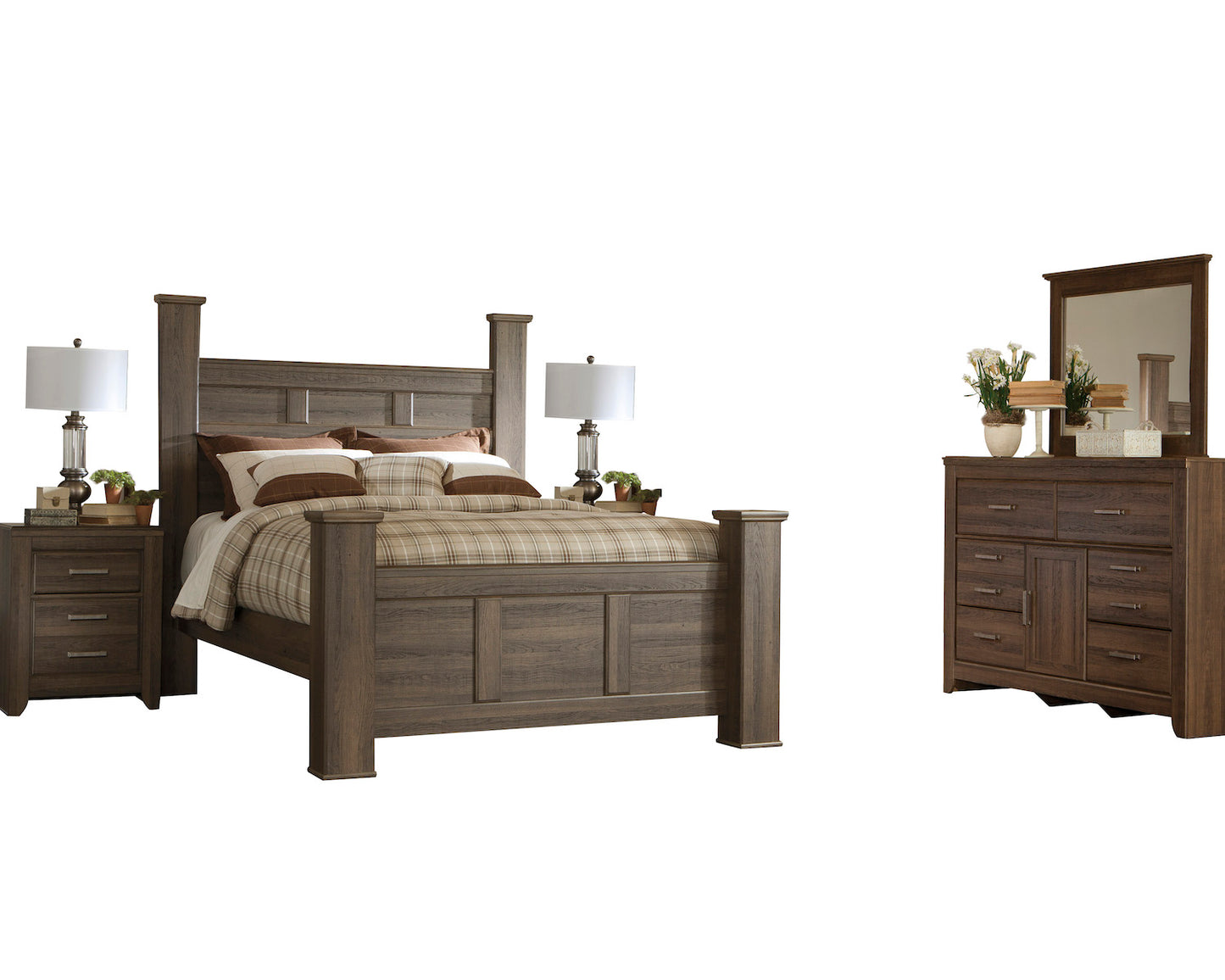 Ashley Juararo 5PC Cal King Poster Bedroom Set With Two Nightstand In Dark Brown - The Furniture Space.