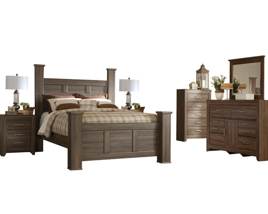 Ashley Juararo 6PC E King Poster Bedroom Set With Two Nightstand & Chest In Dark Brown