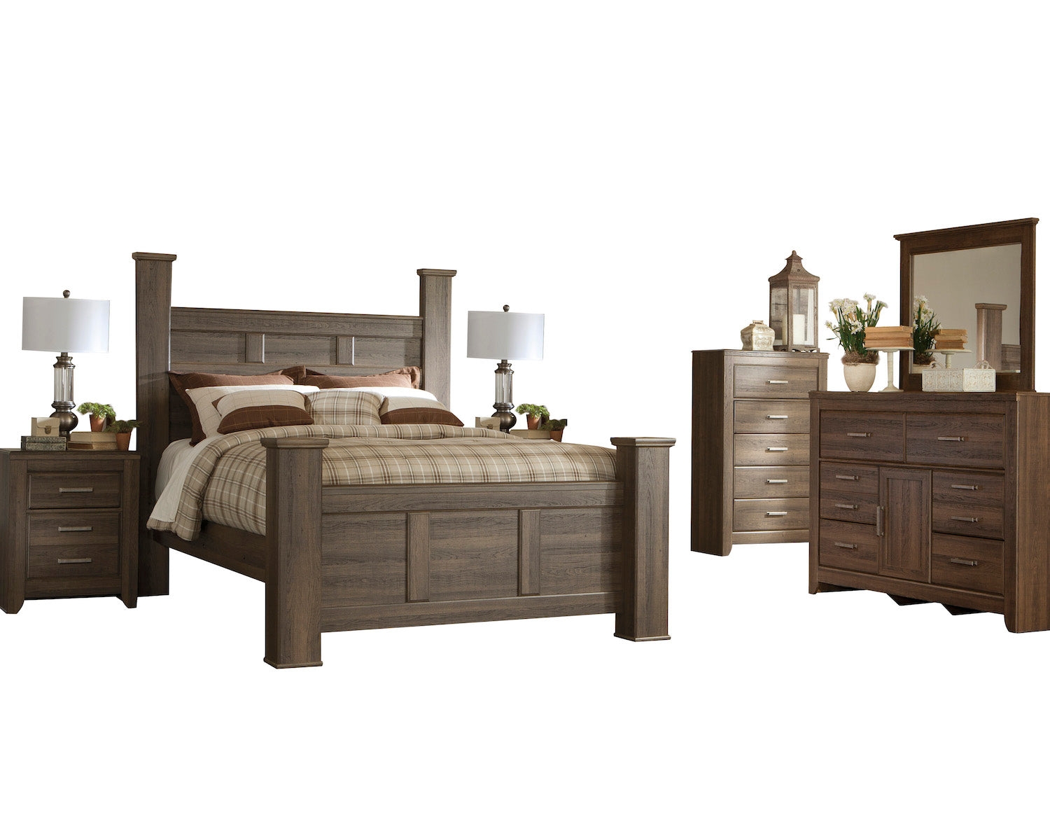 Ashley Juararo 6PC Cal King Poster Bedroom Set With Two Nightstand & Chest In Dark Brown