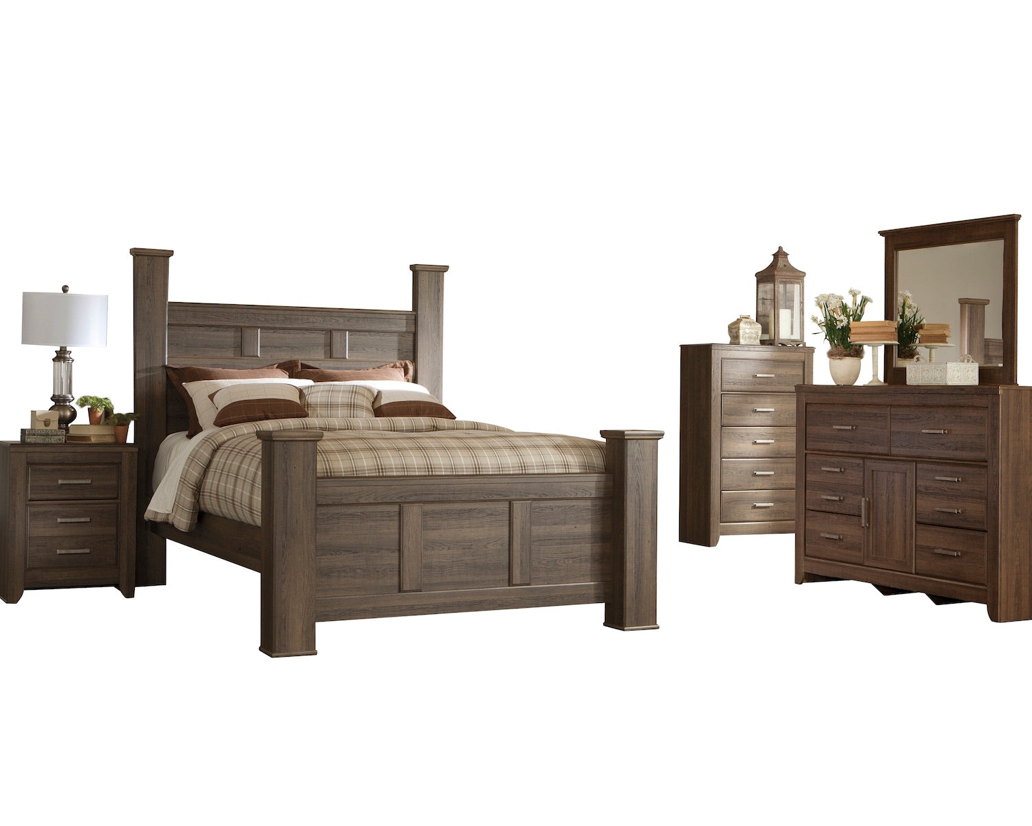 Ashley Juararo 5PC Cal King Poster Bedroom Set With Chest In Dark Brown