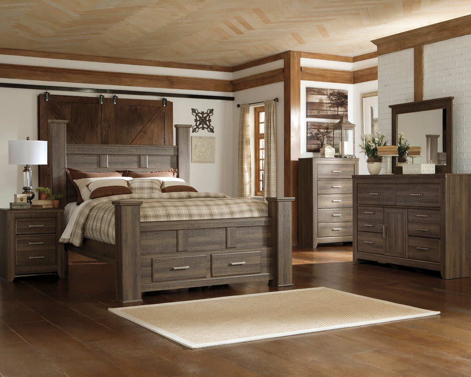 Ashley Juararo 6PC E King Storage Bedroom Set With Two Nightstand & Chest In Dark Brown