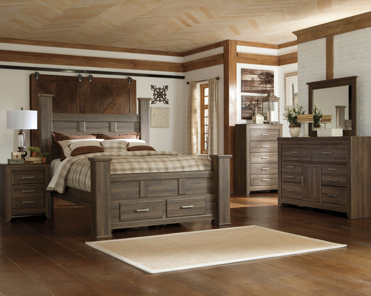 Ashley Juararo 6PC Queen Storage Bedroom Set With Two Nightstand & Chest In Dark Brown