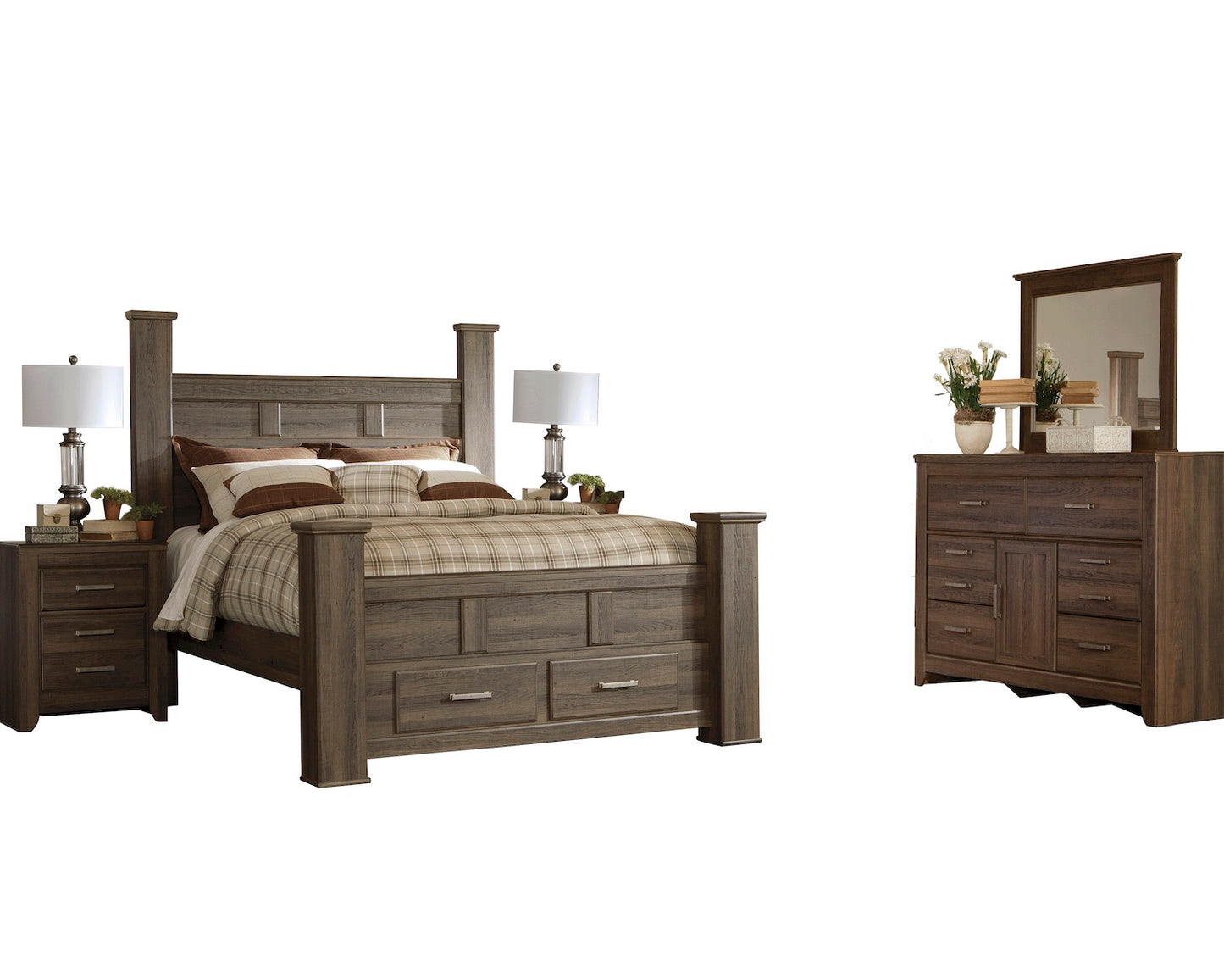 Ashley Juararo 5PC E King Storage Bedroom Set With Two Nightstand In Dark Brown