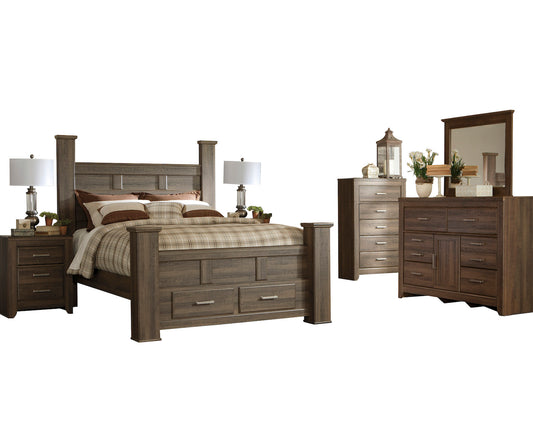 Ashley Juararo 6PC E King Storage Bedroom Set With Two Nightstand & Chest In Dark Brown